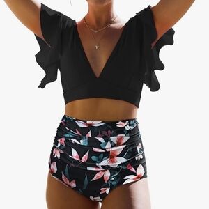 SPORLIKE Ruffle High Waist Blue & Black Tropical Print Bikini Size S